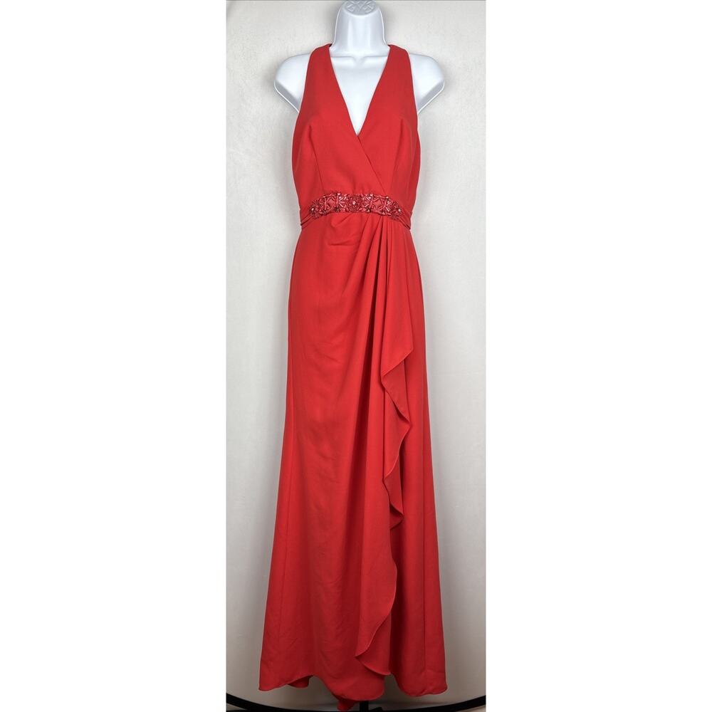 NEW Badgley Mischka Sleeveless Gown Womens 4 Red Jewel Floral Accent Ruffle Slit